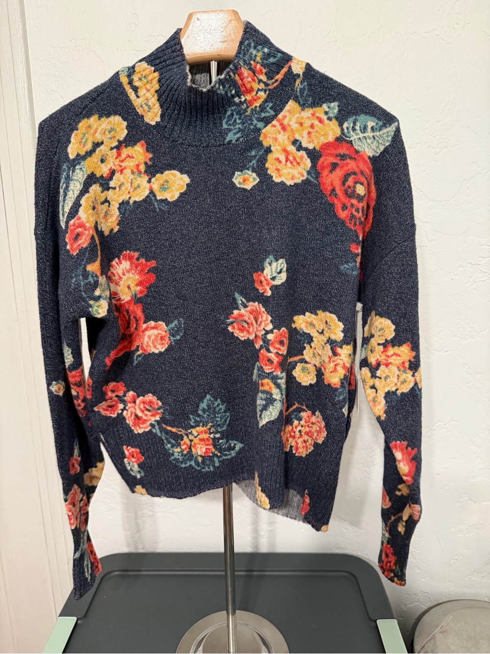 LC Lauren Conrad Navy Floral Mock Neck Sweater with Red & Yellow Blooms